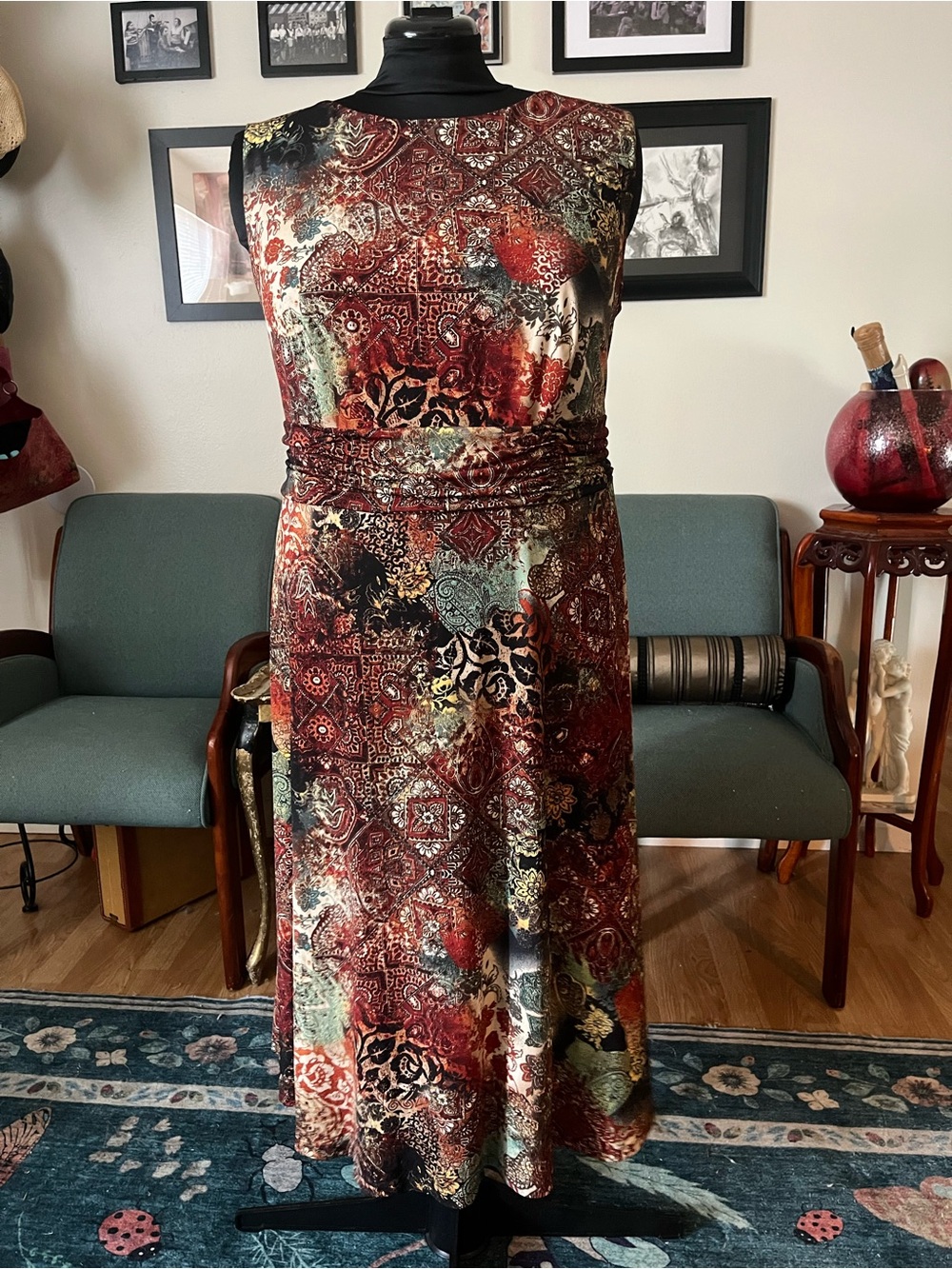Sleeveless Midi Dress in Multi-Color Medallion Print